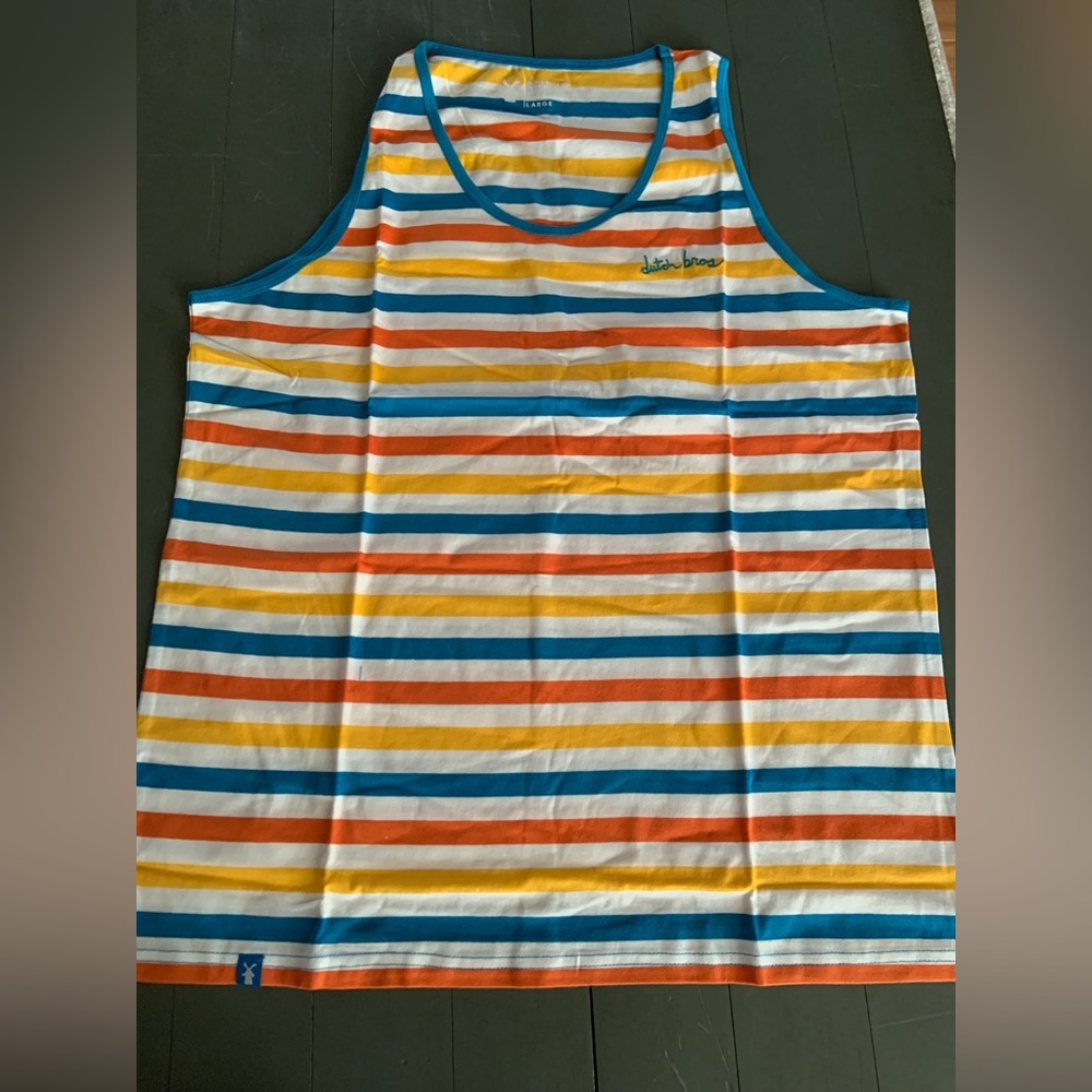 Dutch Bros Striped Shirt with Blue, Orange, and Yellow